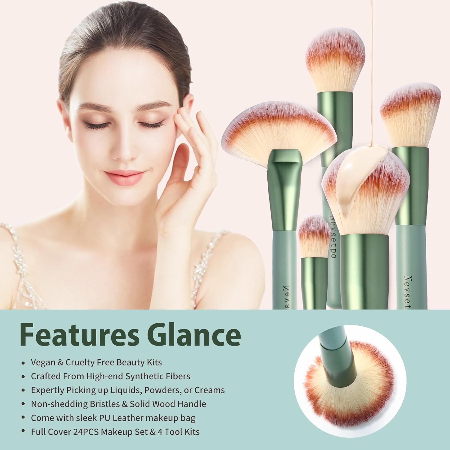 28-Piece Professional Makeup Brush Set with Beauty Blenders and Travel Bag Green - Image 3