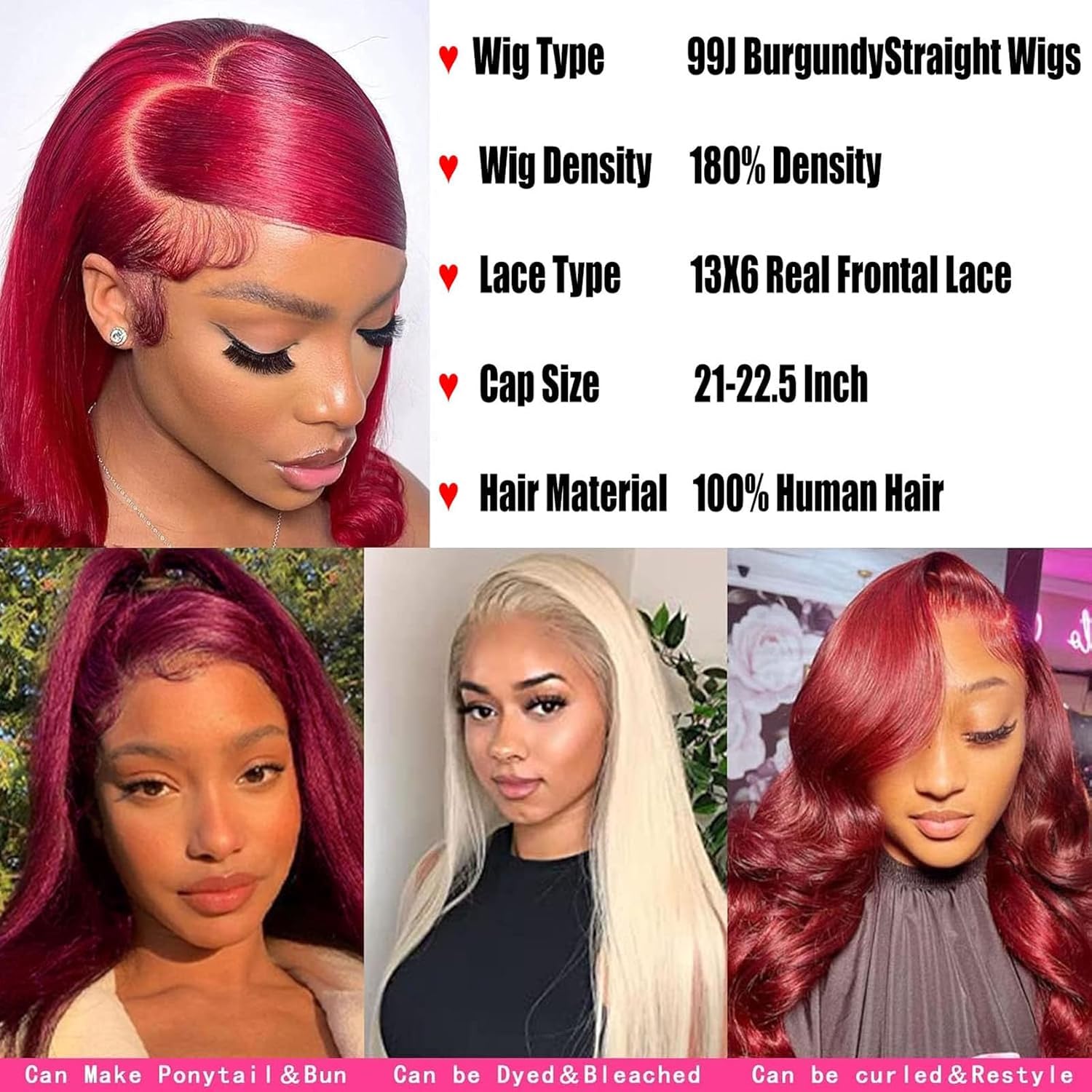 Burgundy Wig Human Hair 28inch 13x6 HD Transparent Lace Straight 99J Red Human Hair Wig Colored Reddish Brown Lace Frontal Wigs 180% Density Pre Plucked With Baby Hair - Image 4