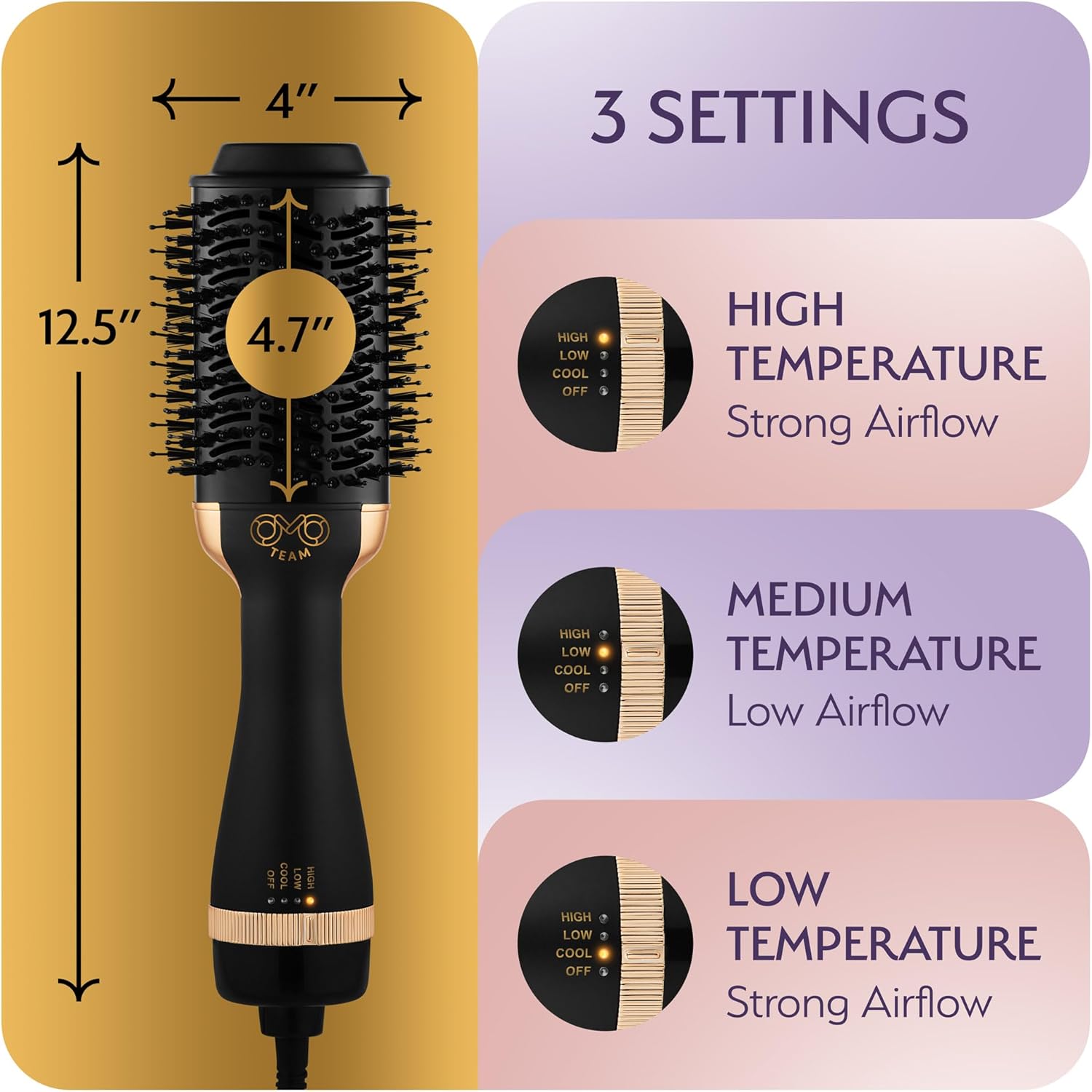 Professional Blowout Hair Dryer Brush, Black Gold Dryer and Volumizer, Hot Air Brush for Women, 75MM Oval Shape (Black Gold) - Image 6