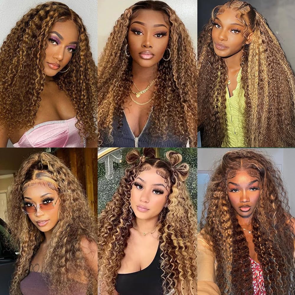 Honey Blonde Curly Wig Human Hair 13x4 HD Highlight Ombre Deep Wave Lace Front Wigs Human Hair Pre Plucked 180% Density 4/27 Glueless Colored Wigs for Women Wet and Wavy Lace Front Wigs 26 Inch - Image 4