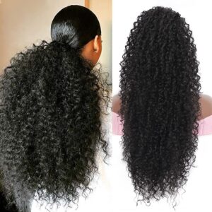 Youthfee 27” Drawstring Ponytail Deep Curly Heat Resistant Human Hair Blended Instant Clip Ponytail Extension Protective Style Afro Kinky Curly Hair Pieces for Women