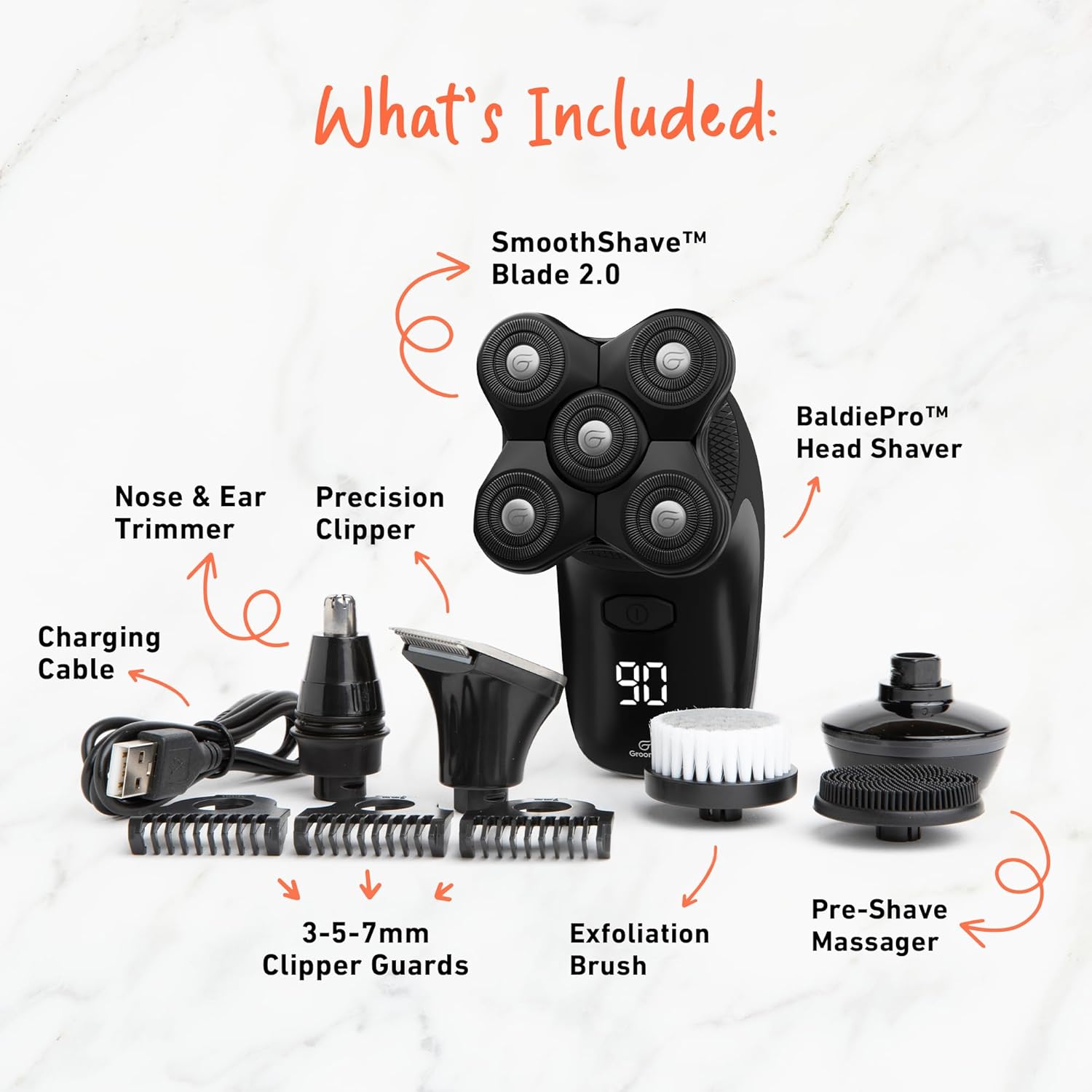 Groomie Cordless Bald Head Shavers for Men, BaldiePro Head Grooming Kit - Ergonomic & Waterproof Head Shavers for Bald Men - Electric Hair Shaver & Head Razor - Men's Rotary Shaver for Smooth Shave - Image 3