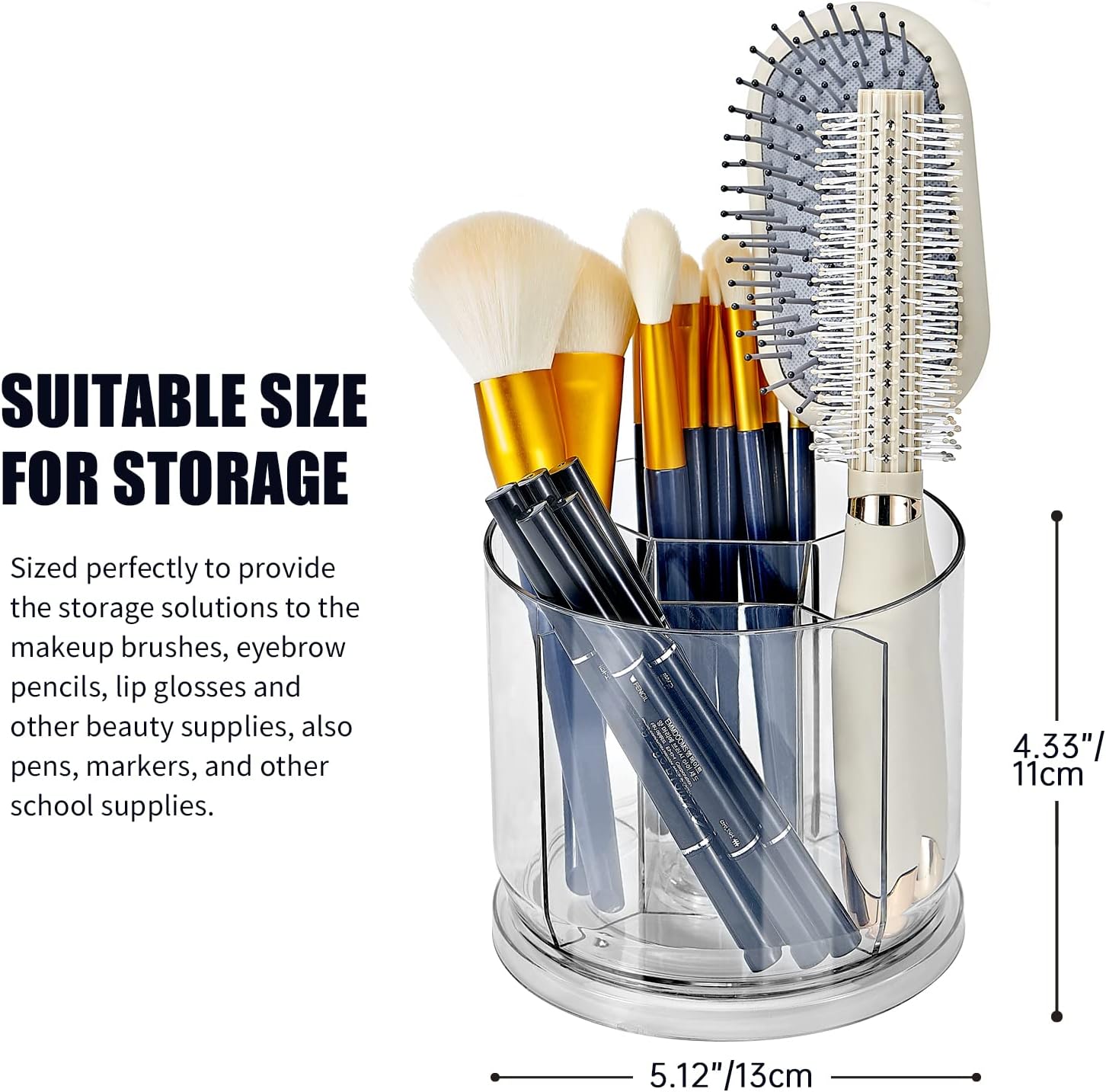Makeup Brush Holder Organizer -Rotating 360° Clear Storage Cup Containers for Vanity, Desk, Countertop, Spinning Pen Holder for Desk, Round Make up Brush Stand with 5 Slots, for Cosmestics (Clear) - Image 2