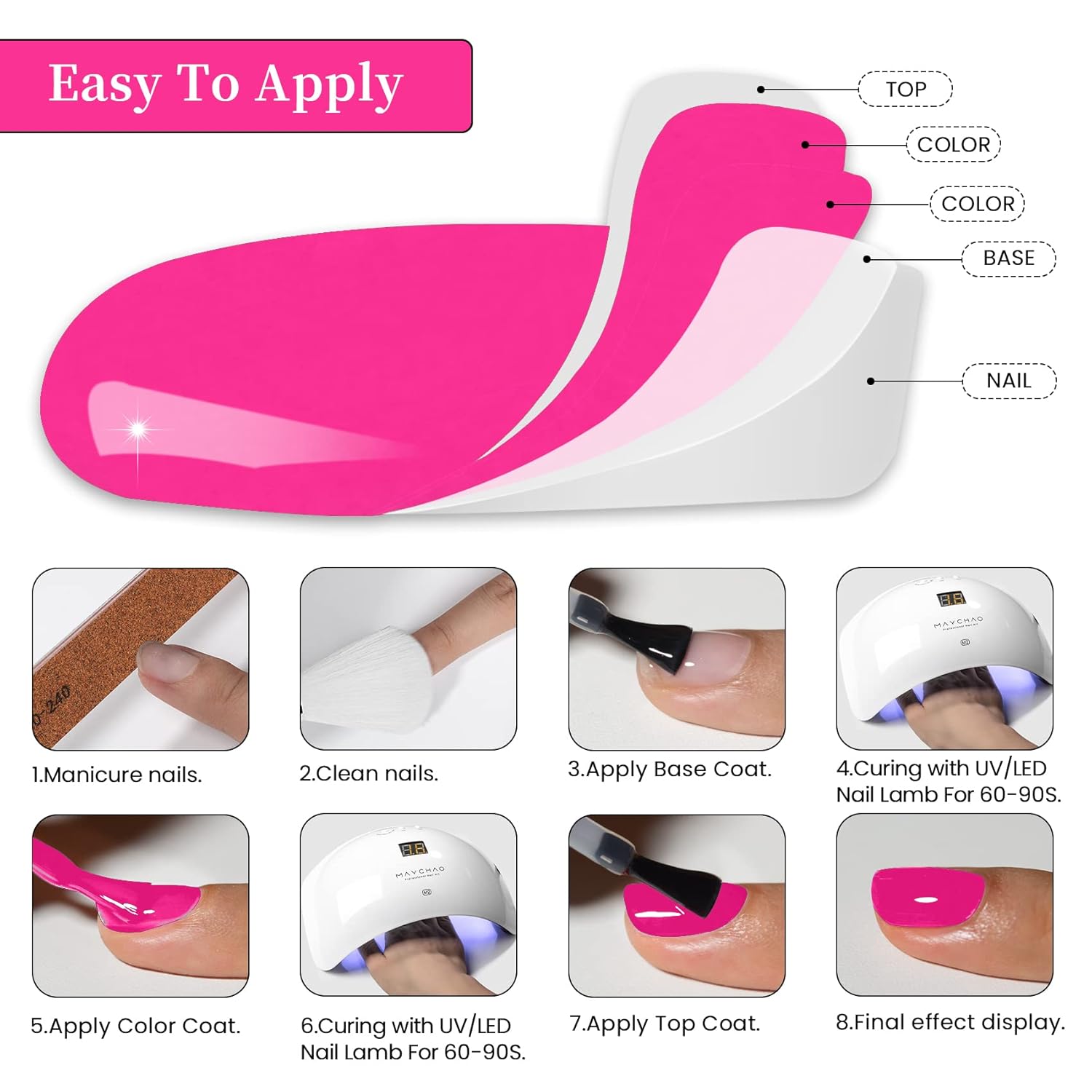 MAYCHAO 15ML Hot Pink Gel Nail Polish 1Pc Bright Pink Gel Polish Soak Off UV LED Nail Gel Polish Nail Art Starter Manicure Salon DIY at Home, 0.5 OZ - Image 6