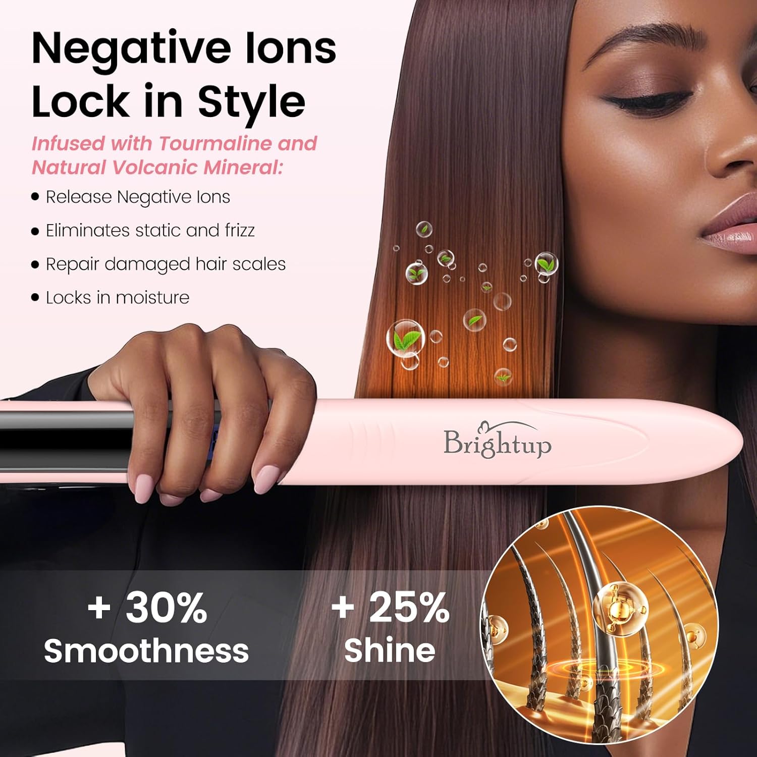 Brightup Tourmaline Ceramic Hair Straightener and Curler 2 in 1 with 1 Inch Vibrating Plates, Ionic Flat Iron with 10 Temp Control/Auto Shut Off, 20S Fast Heating for Smooth Long Lasting Results, Pink - Image 3