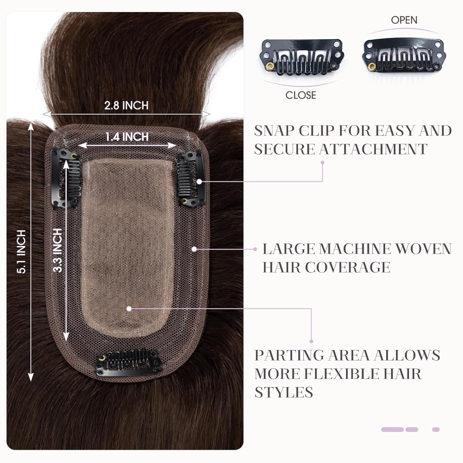 Hairro Human Hair Toppers with Bangs, 3D 360° Cover with 2.8"x5.1" Base, Clips in 100% Real Hairpieces for Women, for Covering Thinning Greyish Hair on Top, 12 Inch Dark Brown - Image 3