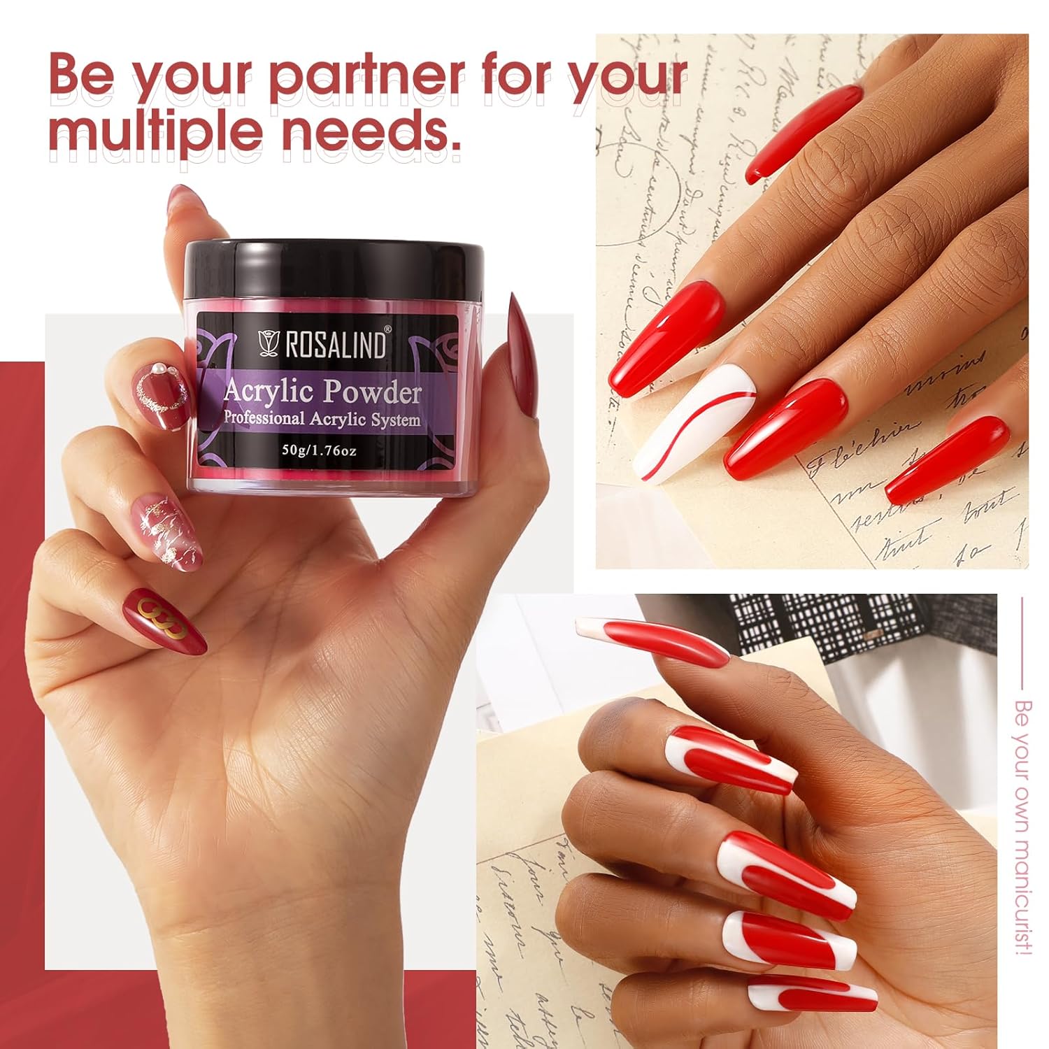 ROSALIND Red Acrylic Nail Powder 50g/1.76oz Acrylic Red Powder for Nail Acrylic Extension, Professional Crystal Polymer Nail Powder Caving, Dry Naturally No Nail Lamp Needed - Image 2