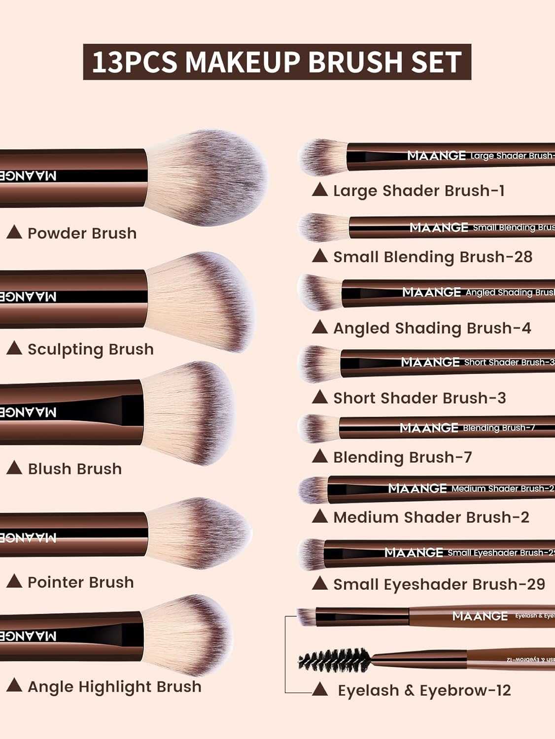 MAANGE 13 PCS Makeup Brushes Professional Make Up Brushes Premium Synthetic Powder Concealers Brushes Travel Makeup Brush Set with Case (Coffee) - Image 2