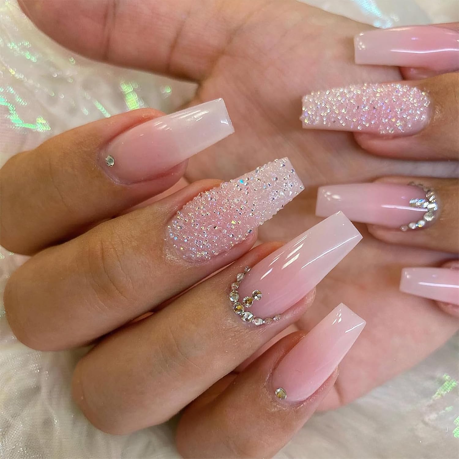 Pink Press on Nails Long Square Coffin Fake Nails Pink White Ombre Full Cover Acrylic Nails Glossy Gradient False Nails with Design Rhinestone Stick on Nails for Women Girls Manicure 24Pcs