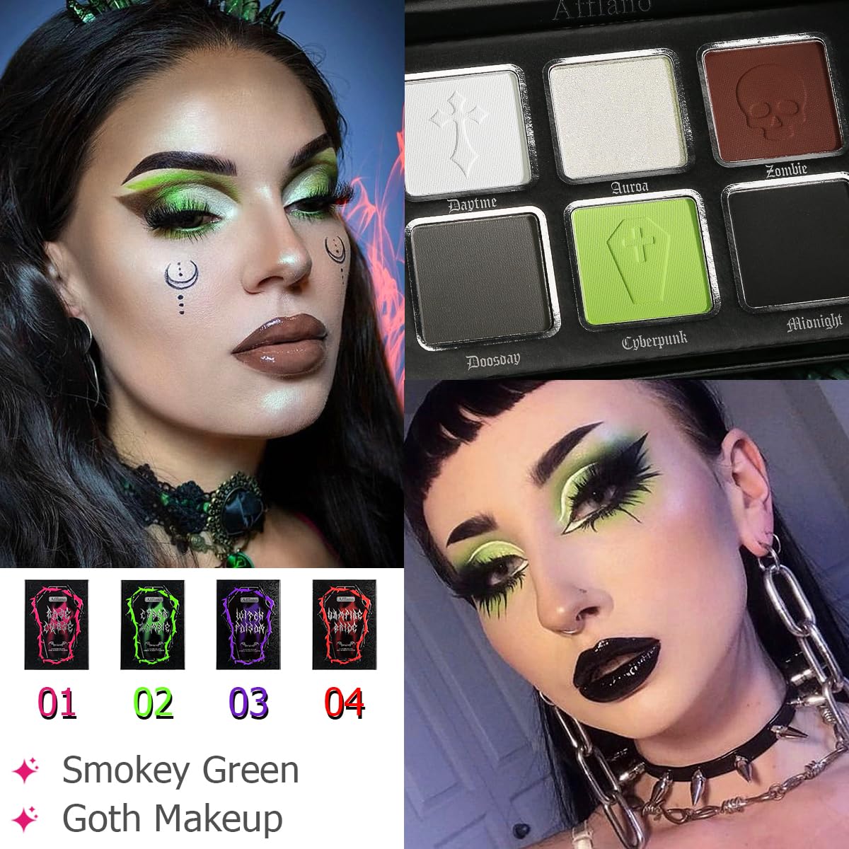 Afflano Smokey Green Eyeshadow Palette, Cyber Goth Smoky Eyes Makeup Eyeshadow Pallet With Mirror, Neon Green Brown Black White Grey Highly Pigmented Long Lasting, for Girls Women Green Eyes Makeup - Image 2