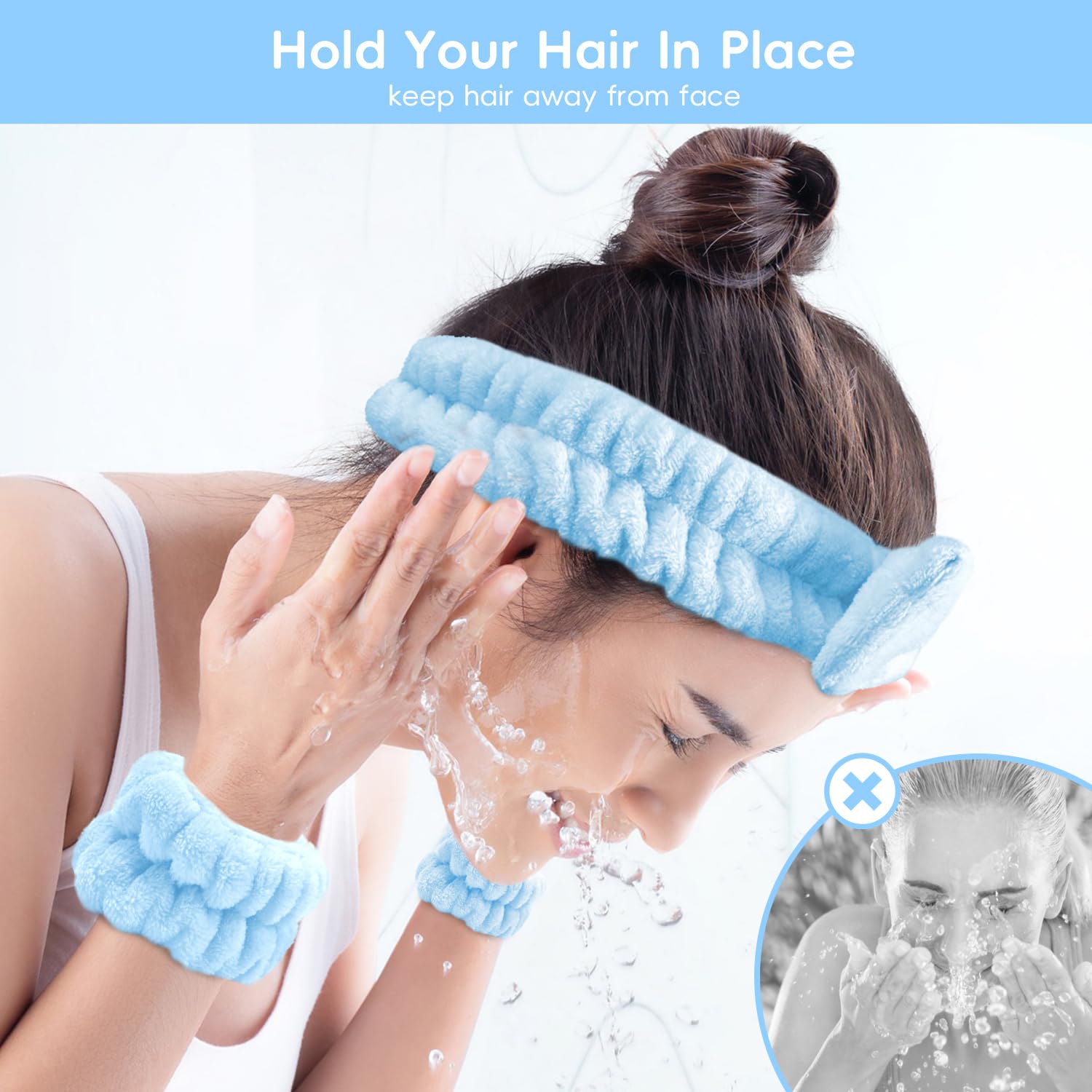 Hair towel wrap for women, Shower cap reusable waterproof, Shower cap and Hair Towel set, Come with a spa headband and wristbands Soft and Breathable for Long Thick Hair-Blue - Image 4