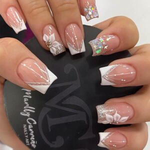 Square Press-on Nails - White French Tip Fake Nails with Glitter Designs, Medium Length, 24pcs