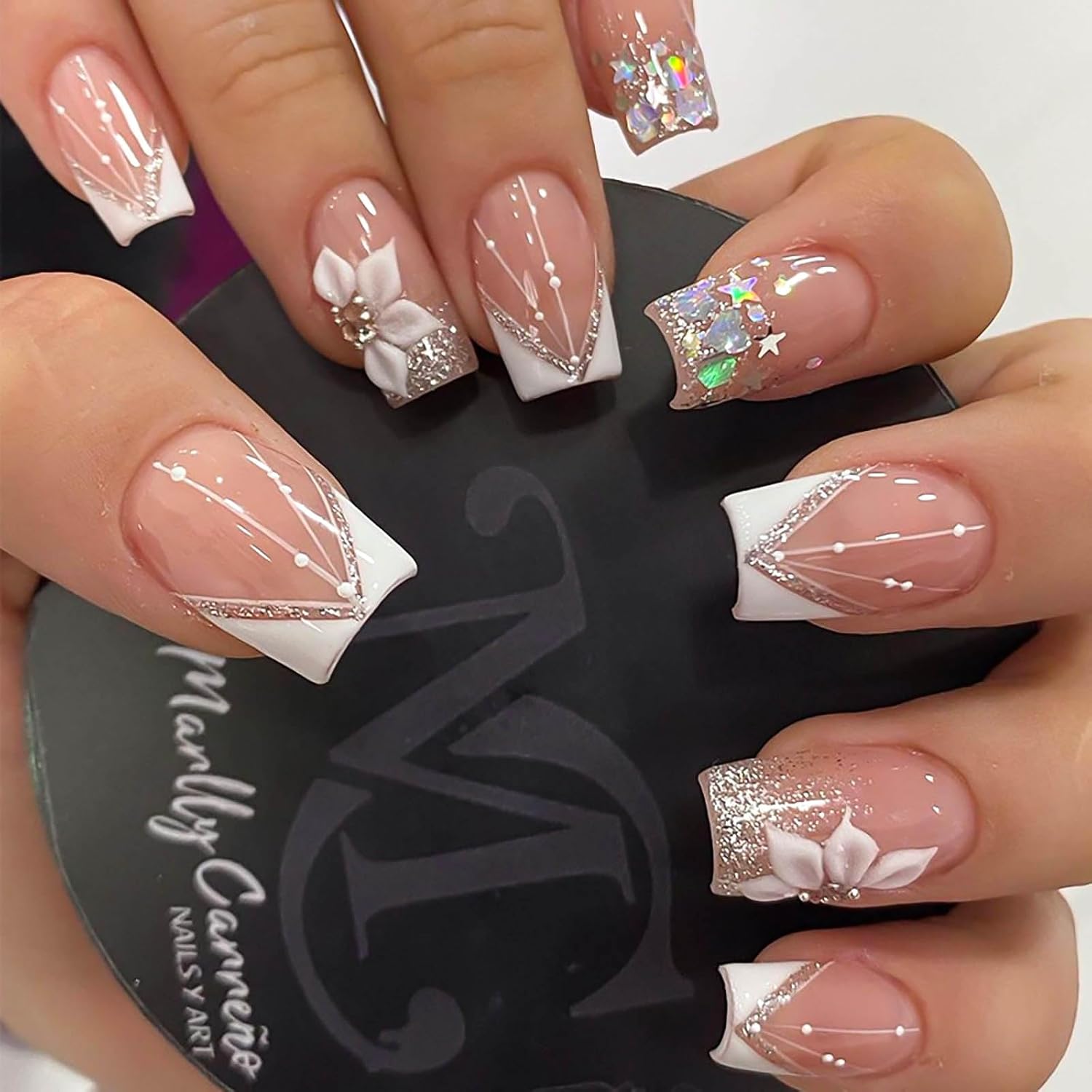 Square Press-on Nails - White French Tip Fake Nails with Glitter Designs, Medium Length, 24pcs