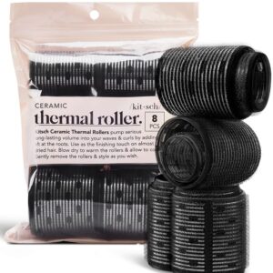 Kitsch Ceramic Thermal Hair Rollers for Women - Self Grip Rollers for Blowout Look Long Hair, Curlers for Medium & Short Hair, Large Roller for Volume Curls, Ceramic Coated, Easy to Use - 8pcs, Black