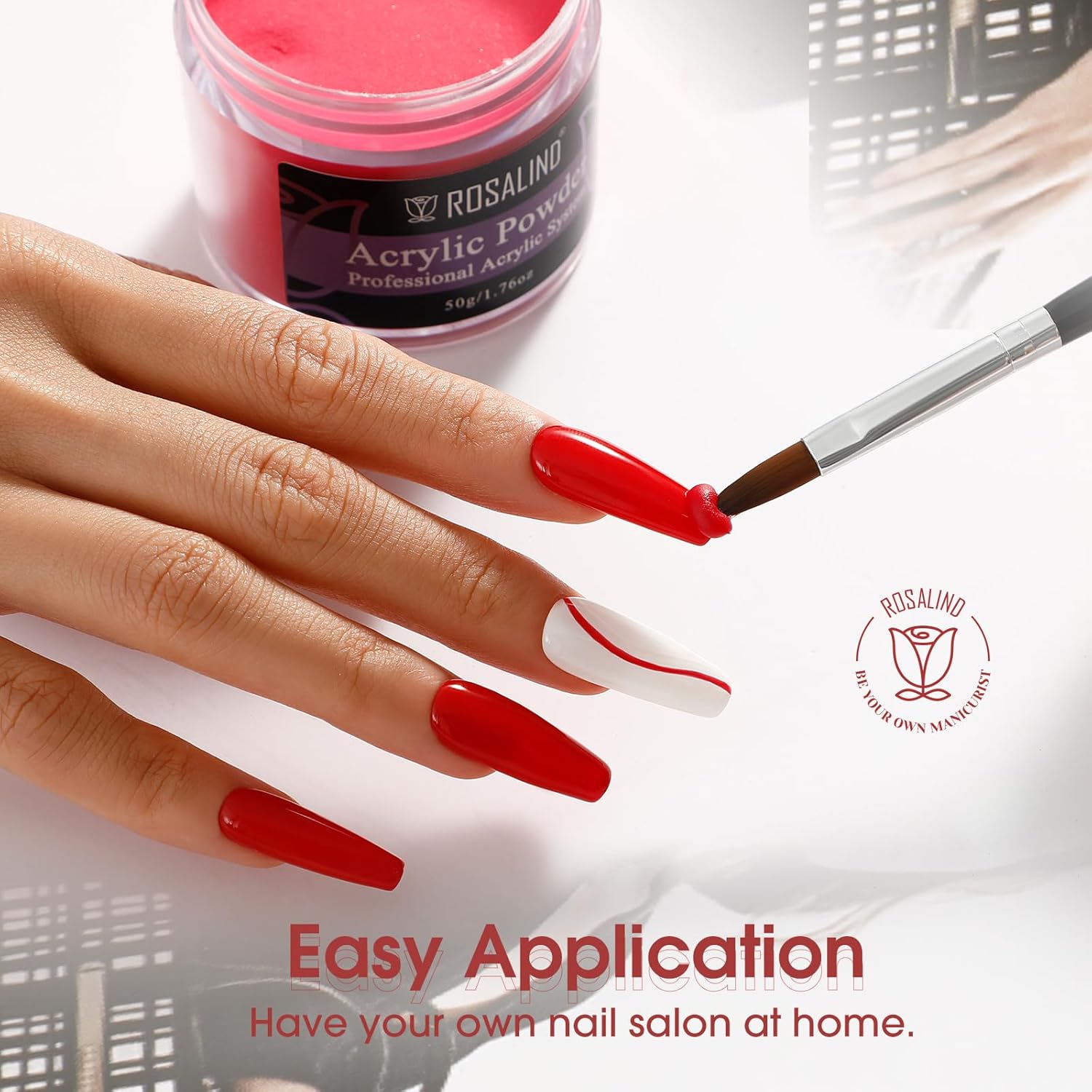 ROSALIND Red Acrylic Nail Powder 50g/1.76oz Acrylic Red Powder for Nail Acrylic Extension, Professional Crystal Polymer Nail Powder Caving, Dry Naturally No Nail Lamp Needed - Image 4