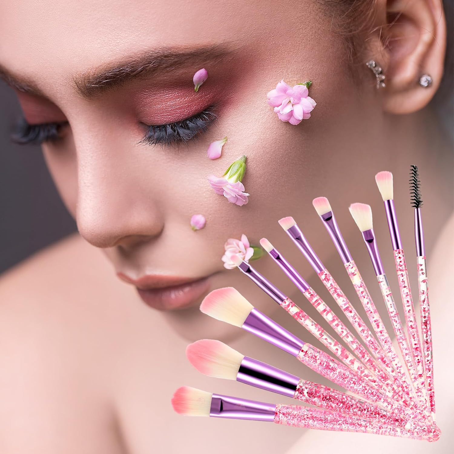 Glitter Crystal Makeup Brush Set 10 Piece Bling Professional Foundation Concealer Eye Shadow Eyeliner Blush Lip Blending Synthetic Brushes Tools Kit Essentials Transparent Handle Women Girls - Image 7