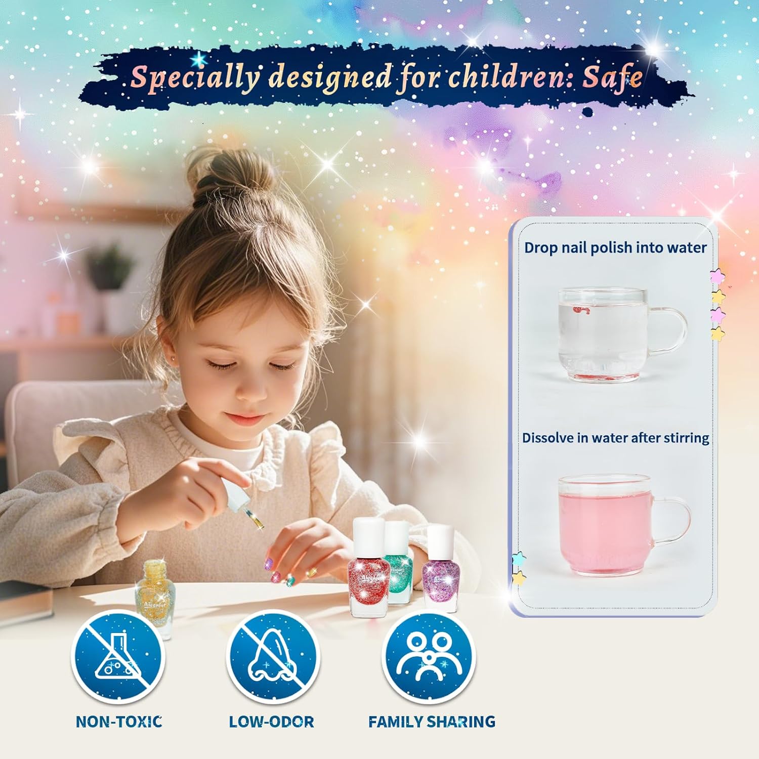 Quick Dry Kids Nail Polish Set, Glitter Non-Toxic Fingernail Polish for Toddler, Water-Based Peelable Nail Polish for Kids, 6 Color Rainbow for Kid Ages 3+ - Image 4