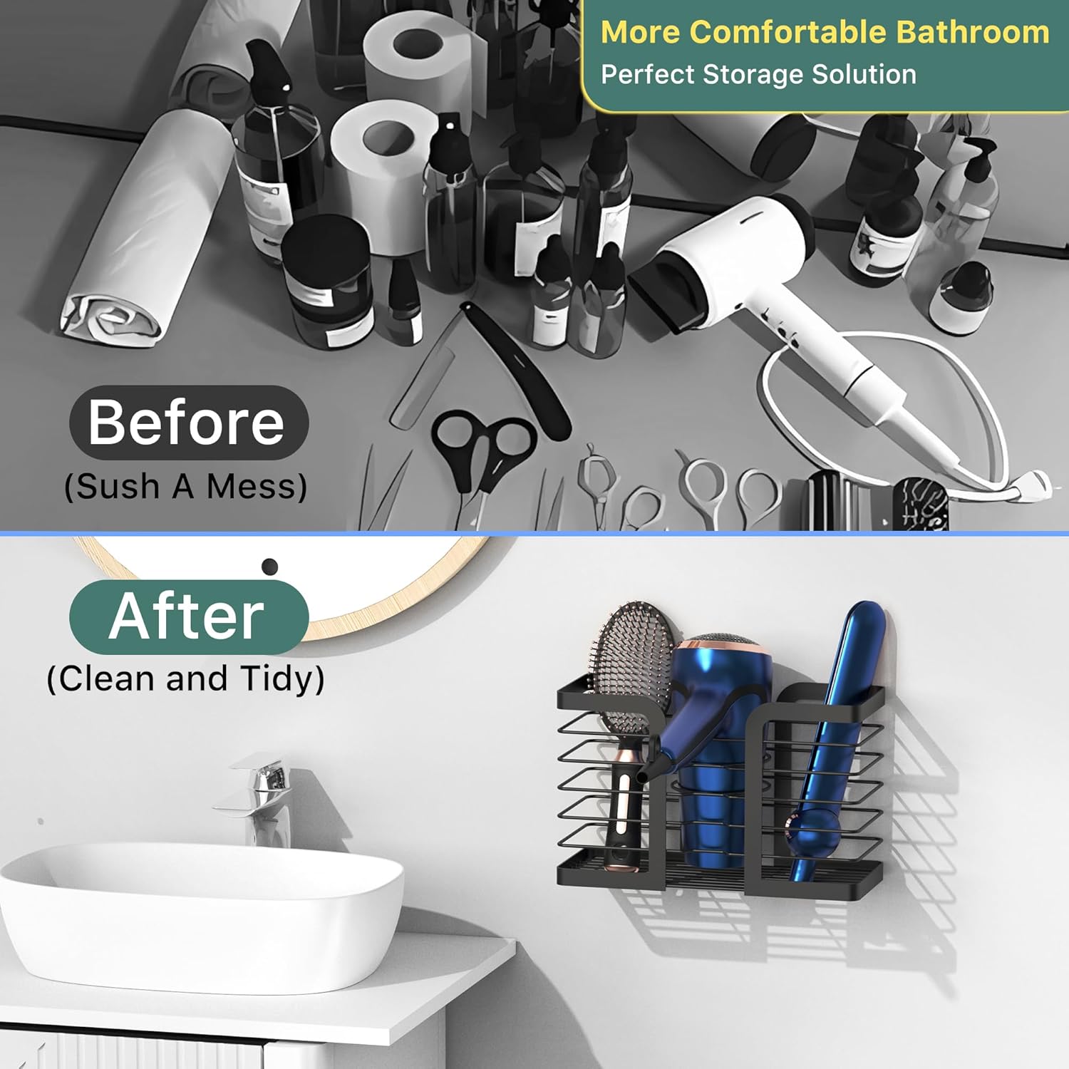 YIGII Hair Dryer Holder - Hair Tool Organizer 3-in-1 Blow Dryer Holder Adjustable Height, Bathroom Organizer Wall Mounted/Cabinet Door for Flat/Curling Irons, Hair Straighteners - Image 4
