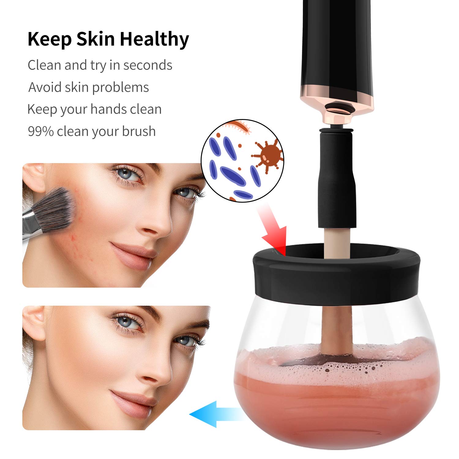 Senbowe Upgraded Makeup Brush Cleaner and Dryer Machine, Electric Cosmetic Automatic Brush Spinner with 8 Size Rubber Collars, Wash and Dry in Seconds, Deep Cosmetic Brush Spinner for All Size Brushes - Image 6