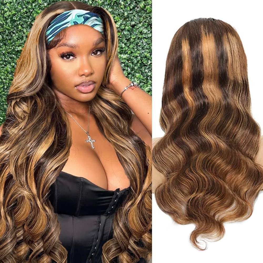 Ombre Headband Wig Human Hair #4/27 Highlight Body Wave Headband Wig 16 Inch Glueless None Lace Front Wig Brazilian Virgin Human Hair Wigs for Black Women Wear and Go Wig 150% Density