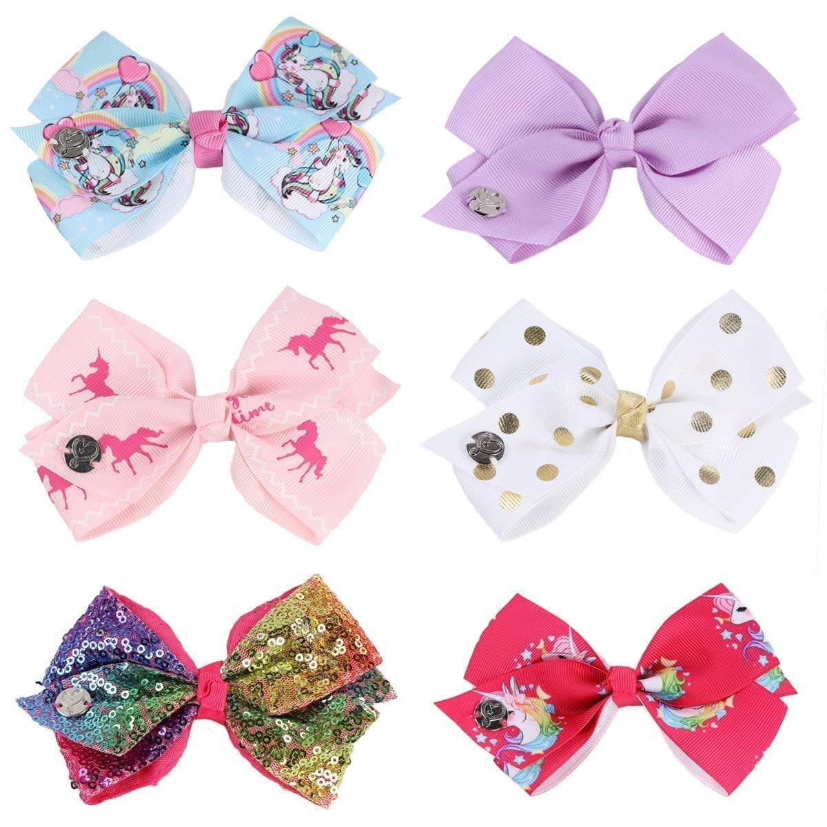 JOJO SIWA Hair bows Clips - 6 pieces/set siwa rainbow printed knot ribbon bow for girls handmade boutique hair clip children hair accessories (C) - Image 2