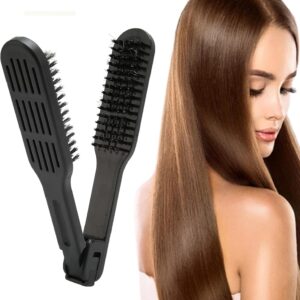Boar Bristle Double-Sided Hair Brush with Straightening Clamp, Smoothing Comb for Straight Hairstyles (Black)