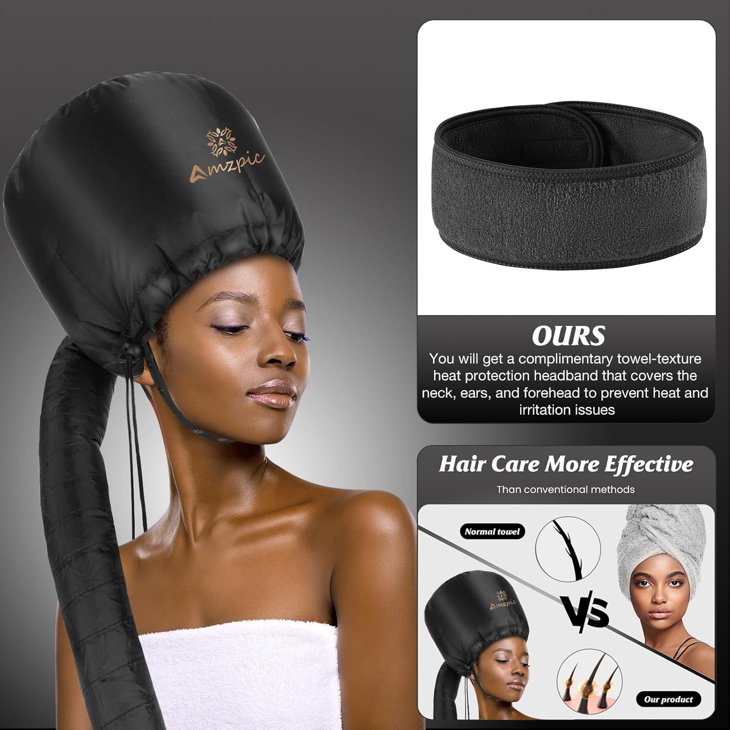Bonnet Hood Hair Dryer Attachment - Soft, Adjustable Extra Large Bonnet Hair Dryer for Speeds Up Drying Time at Home, Easy to Use for Styling, Curling and Deep Conditioning (Black) - Image 3