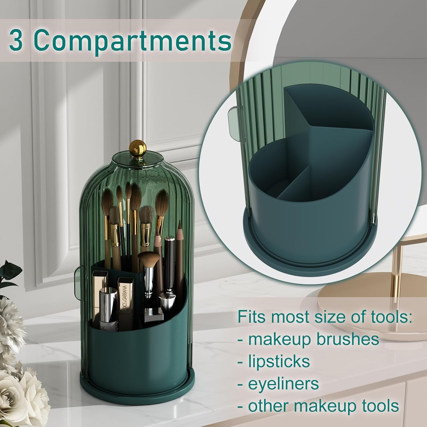 GAXmi Makeup Brush Holder with Lid Cosmetic Tools Organizer 360 Rotating Waterproof Dustproof Beauty Brushes Storage for Vanity, All Green - Image 3