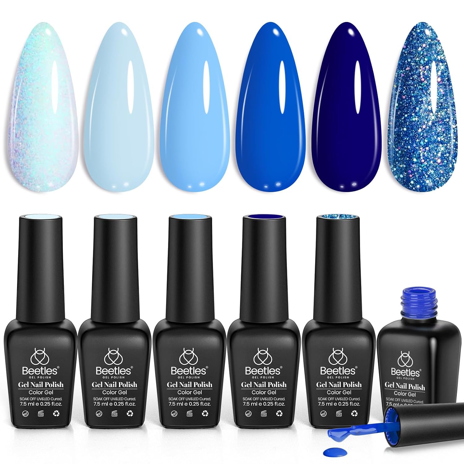 Beetles Blue Gel Nail Polish,6 Colors Baby Blue Glitter Aquarius Holy Water Collection Spring Summer Gel Polish Soak off Uv Led Lamp Nail Art Manicure Gifts for Women