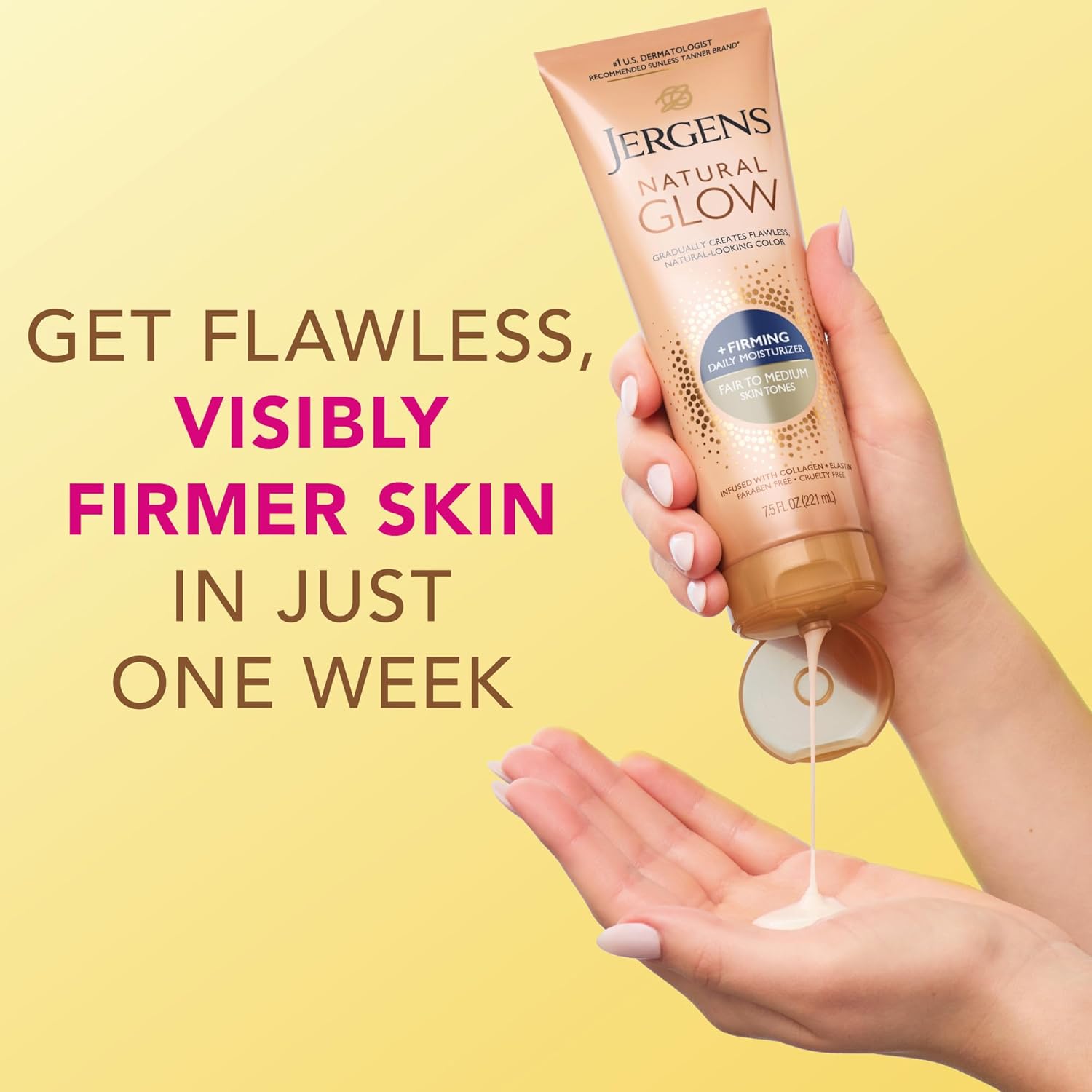 Jergens Natural Glow +Firming Self Tanner Body Lotion, Fair to Medium Skin Tone, Sunless Tanning Moisturizer with Collagen and Elastin. Helps to Visibly Reduce Cellulite, 7.5 Fl Oz (Pack of 2) - Image 6