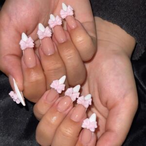 Press on Nails Medium Long Press on Nail Almond Fake Nails Tip False Nails 3D Bow Acrylic Nails White French False Nails Full Cover with Designs Mountain Peak Stick on Nails Designs 24Pcs