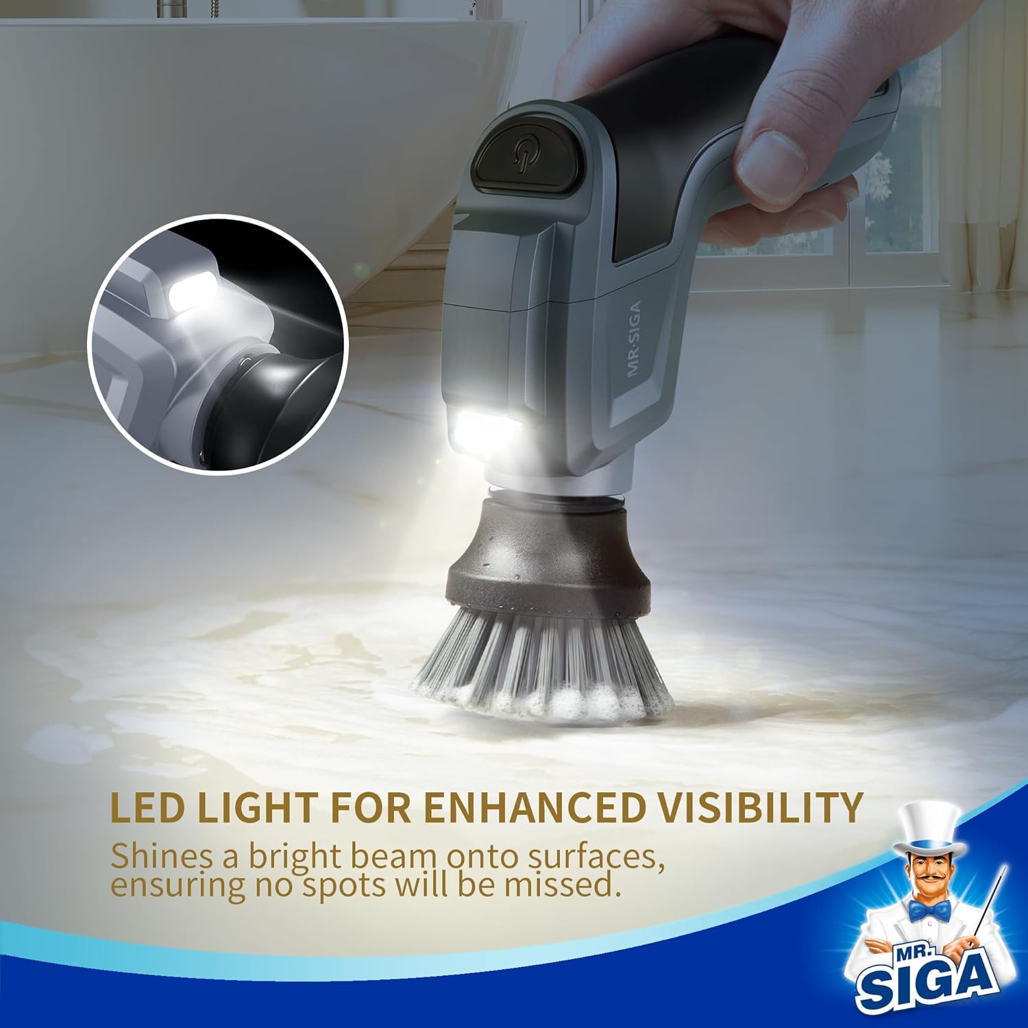 MR.SIGA Electric Spin Scrubber for Kitchen and Bathroom Cleaning, Waterproof Rechargeable Cordless Spin Scrubber with 5 Replaceable Cleaning Brushes and Pads - Image 3