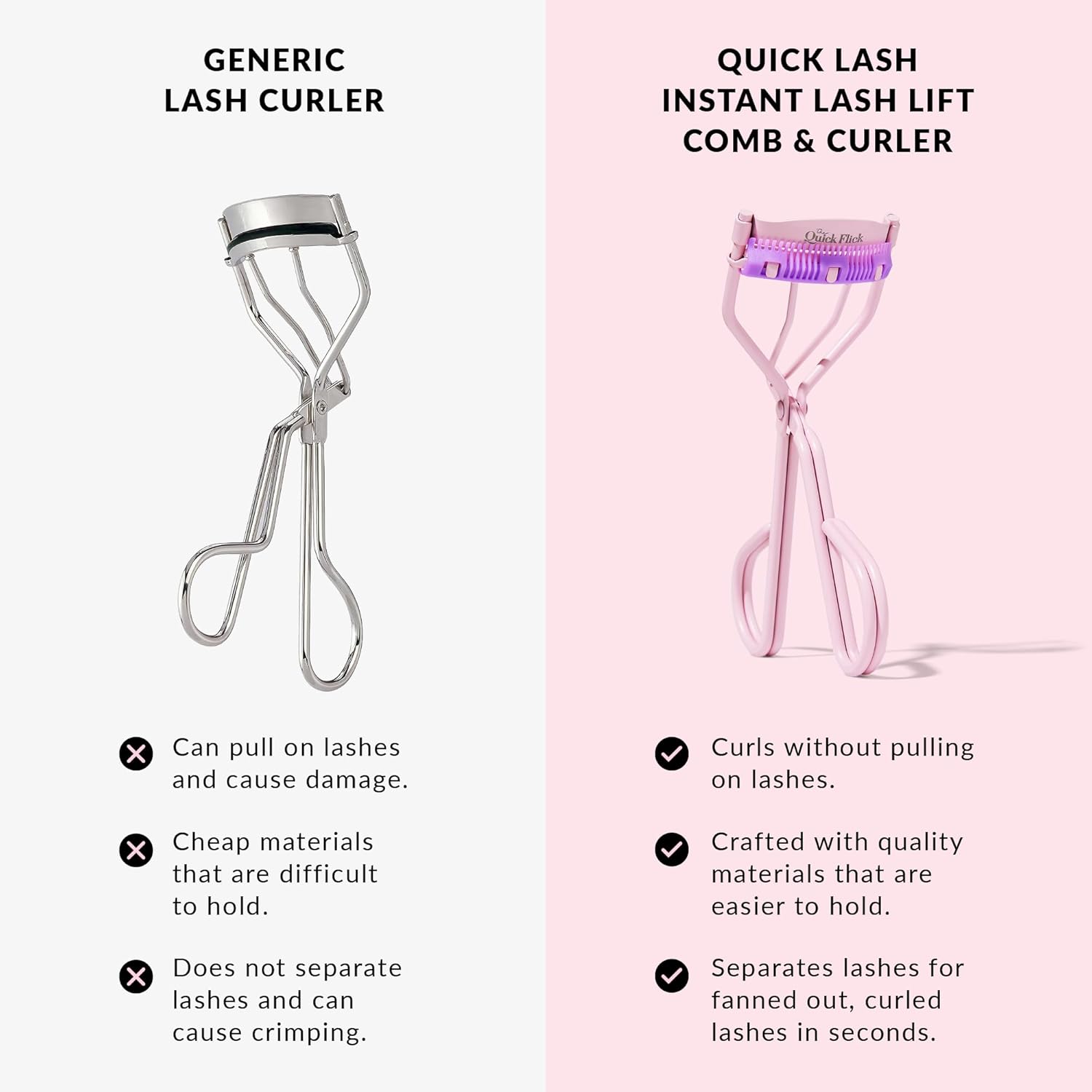 THE QUICK FLICK Eyelash Curler, Stainless Steel Eyelash Curlers with Comb, Safe & Gentle on All Eye Shapes, Pink Eyelash Curler for Separated & Curled Lashes, Travel-Friendly Eyelashes Curler - Image 2