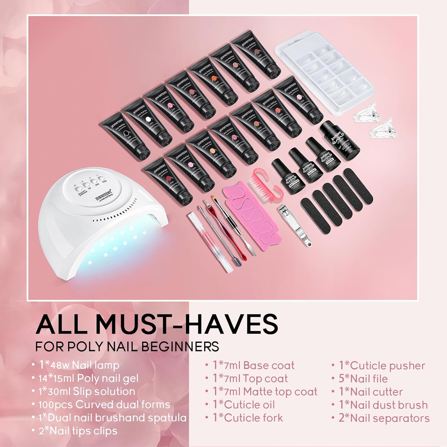 JEWHITENY 14 Colors Poly Extension Gel Nail Kit With U V Lamp Nude Pink White Brown All In One Poly Gel Starter Kit With Base Top Coat Manicure Salon Frence Nail Art DIY - Image 2
