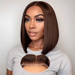 Brown Wear and Go Glueless Wigs Human Hair Pre Plucked Pre Cut 12 Inch 7x5 Chocolate Brown Glueless Bob HD Lace Closure Wig Bleached Knots Short Brown Straight Wig 180% Density for Women