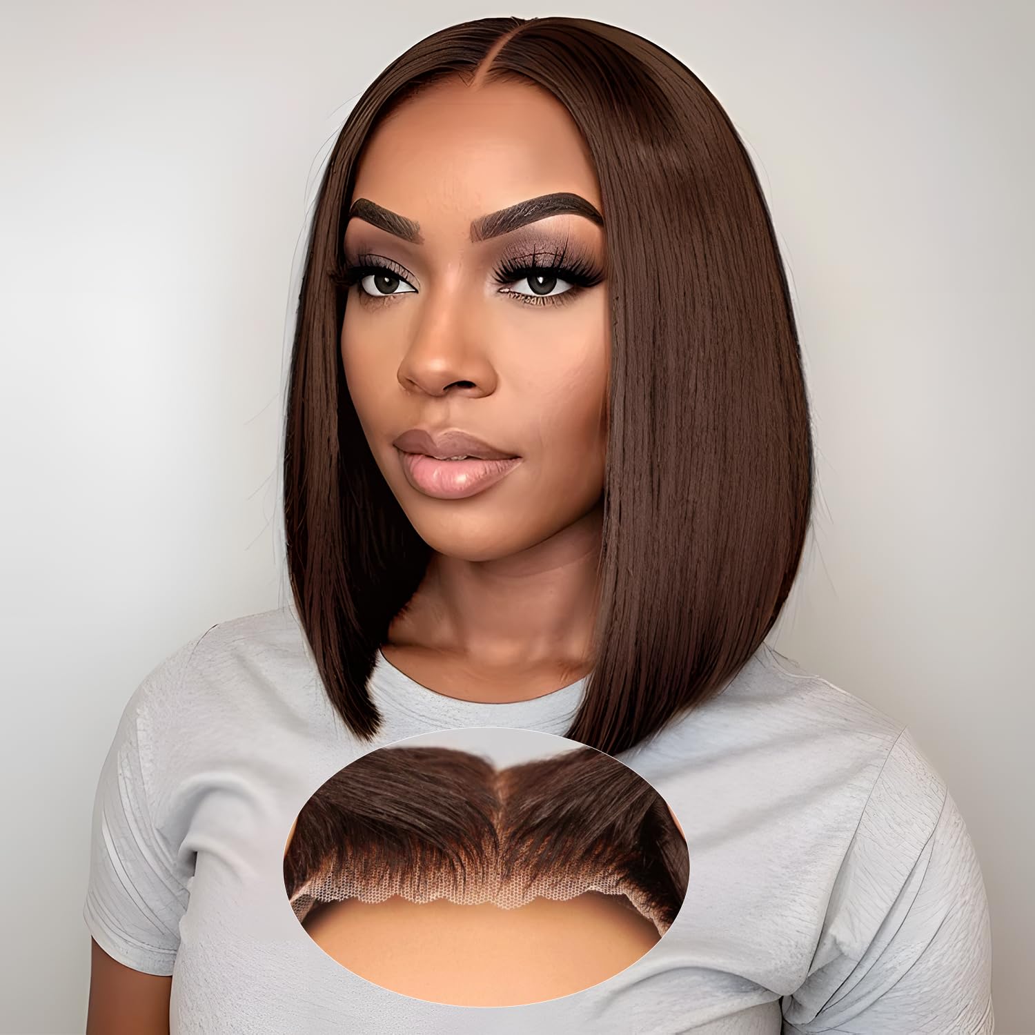 Brown Wear and Go Glueless Wigs Human Hair Pre Plucked Pre Cut 12 Inch 7x5 Chocolate Brown Glueless Bob HD Lace Closure Wig Bleached Knots Short Brown Straight Wig 180% Density for Women