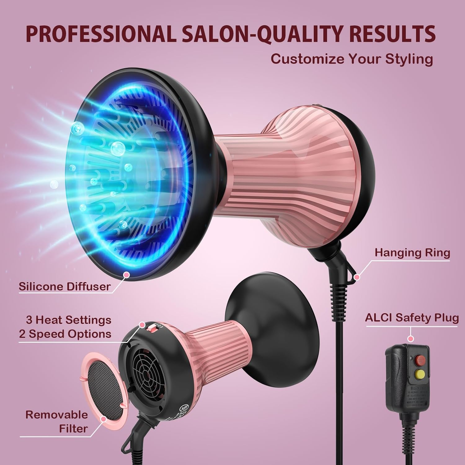 Diffuser Hair Dryer for Curly Hair: Professional 2 in 1 Diffuser & Hair Dryers with Ionic & Ceramic Technology for Wavy Hair Enhances Curls and Waves While Reducing Frizz, Gifts for Women - Image 3