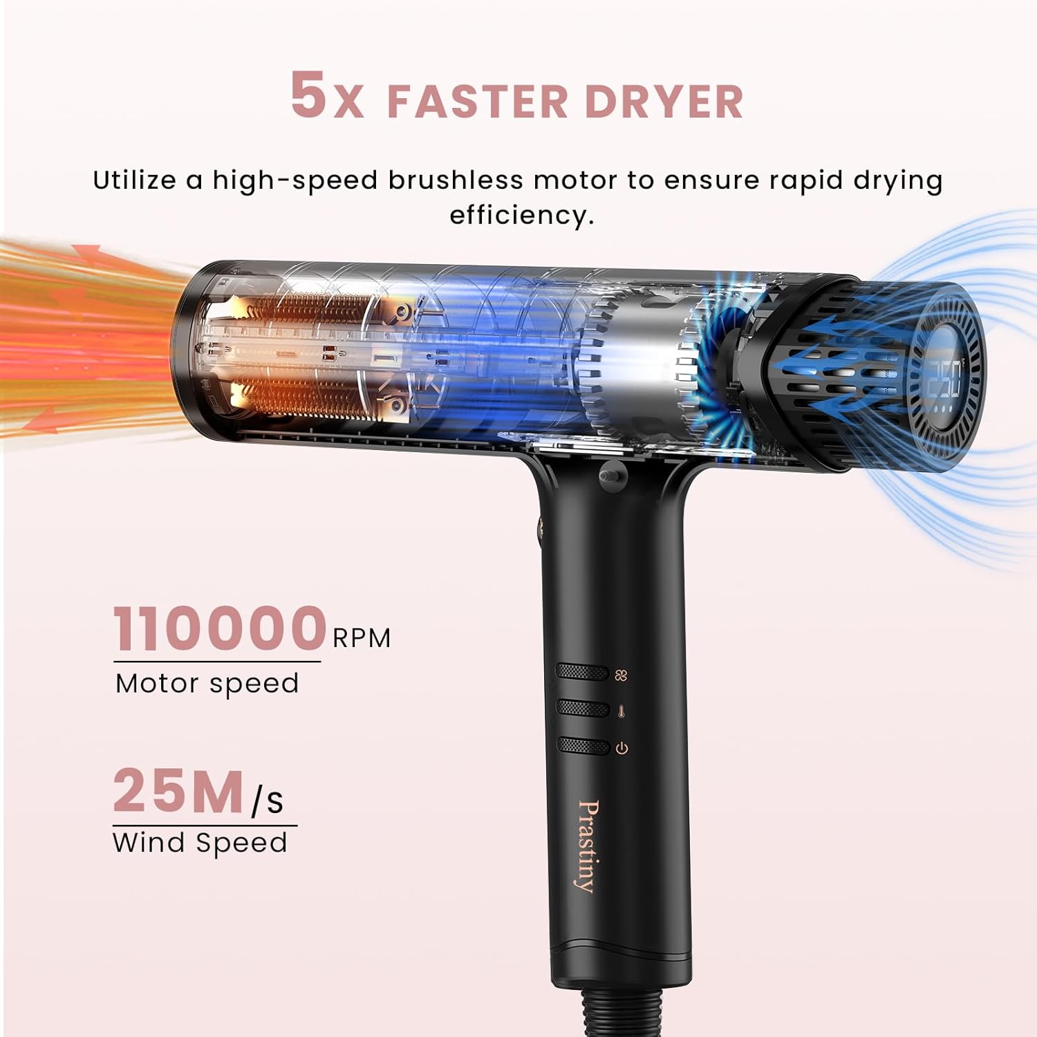 Professional High-Speed Hair Dryer with Diffuser Nozzle Low Noise Fast Drying Ion Blow Dryer Hair Care Intelligent Heat Airflow Control with LCD Display Travel Hair Dryer for All Hair Types - Image 2