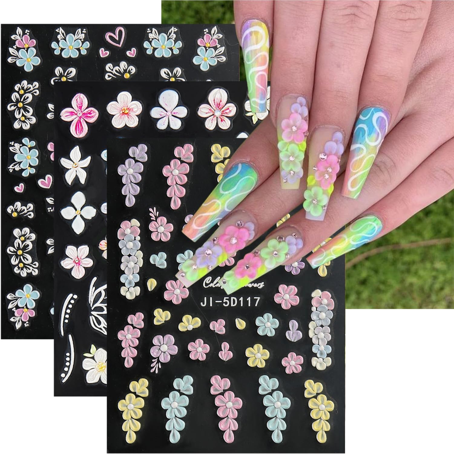 Flower Nail Art Stickers 5D Embossed Pink White Flower Nail Decals Luxury Colorful Five Petal Floral Nail Design Stickers Summer Butterfly Nail Art Supplies Heart Nail Stickers for Women Manicure-3Pcs