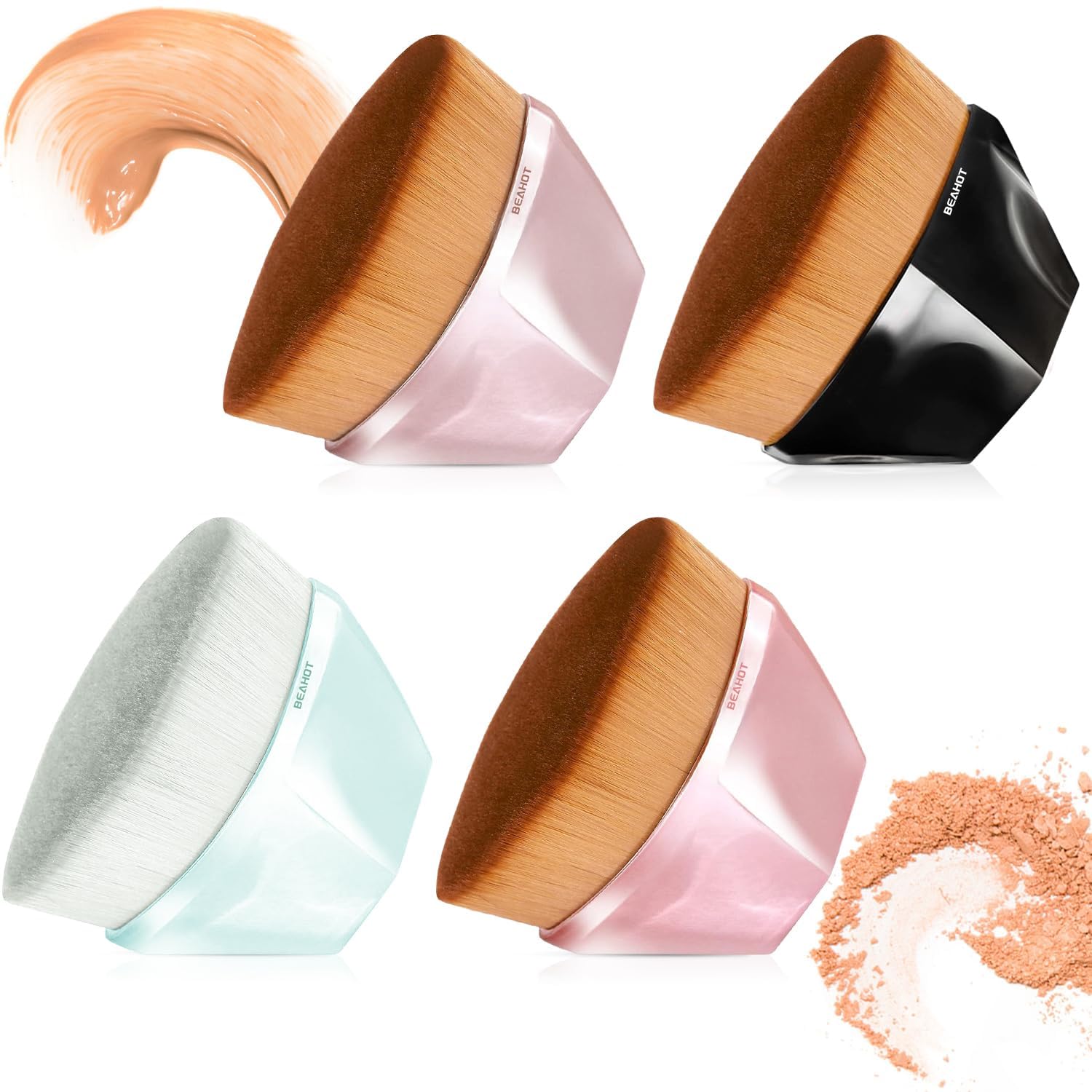 BEAHOT 4 Pack Foundation Makeup Brush - Flat Top Travel Kabuki Brush for Blending Liquid, Cream or Flawless Powder Cosmetics with Protective Case