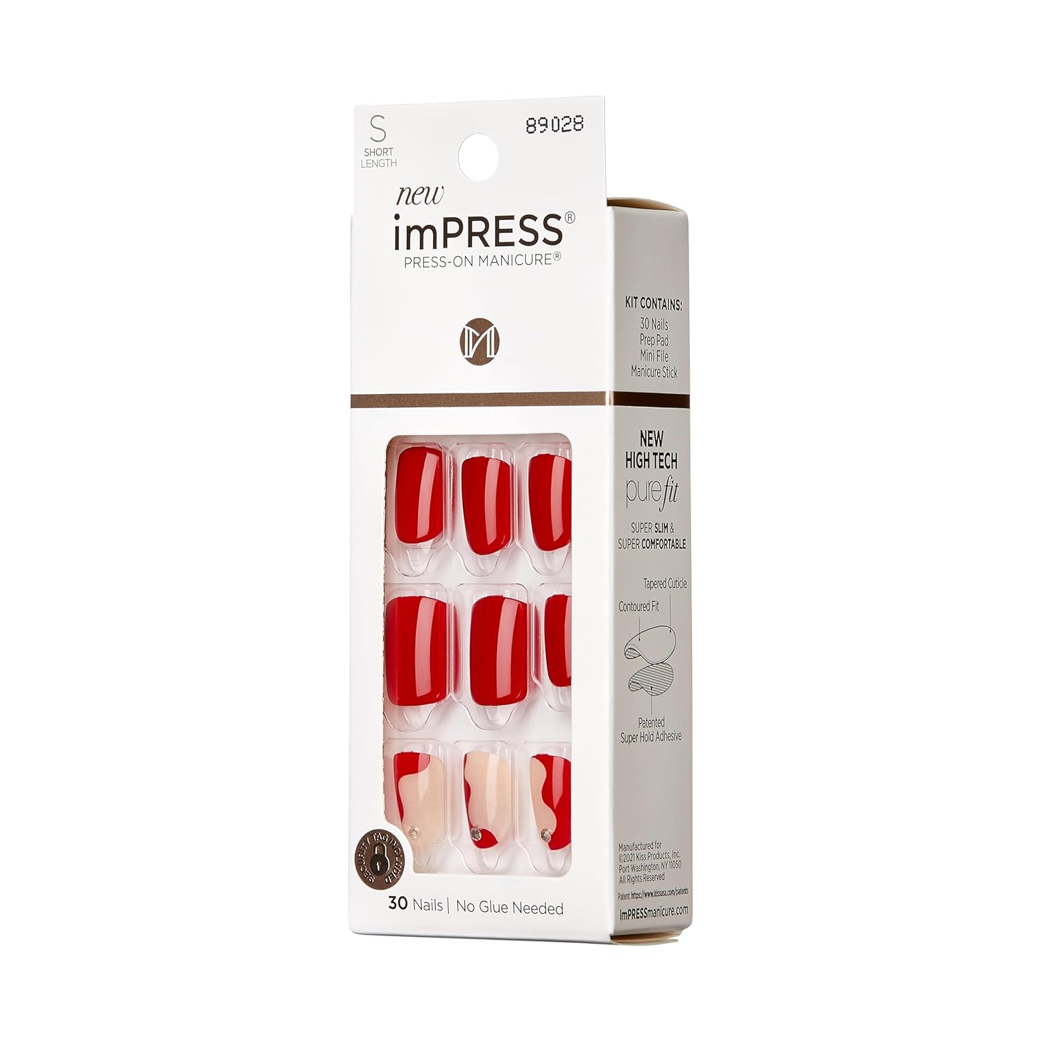 KISS imPRESS Press-On Manicure Fake Nails – Adore You, Short, Square, Red, Easy Press On, Chip Proof, Smudge Proof, Waterproof, No Dry Time, Comfortable & Secure, Super Hold Adhesive | 30 Count - Image 2