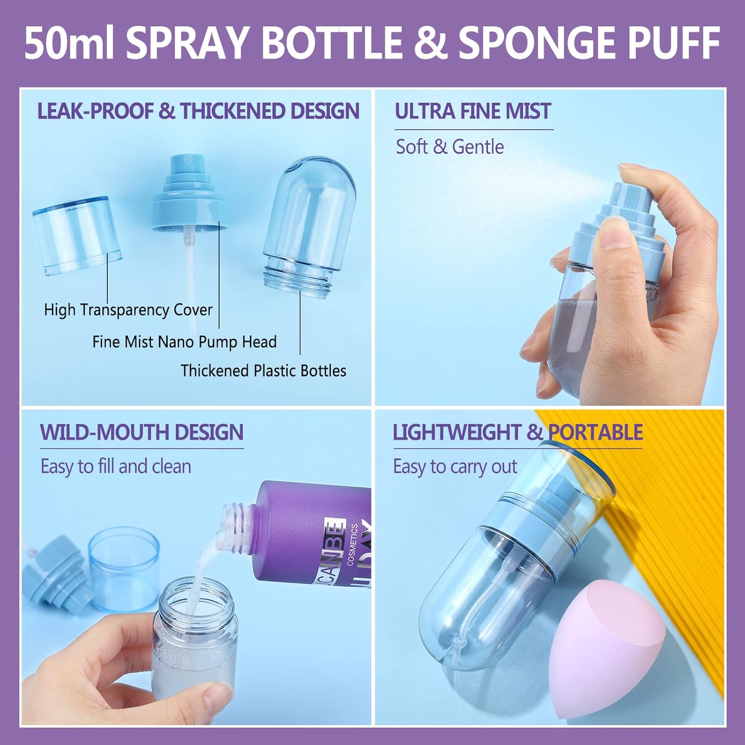 Long Lasting Makeup Setting Spray Kit- 6.76 Fl oz Hydrating Matte Finish Mist Lightweight Face Make up Fixer +Travel Size Spray Bottle+Sponge Puff Makeup Set - Image 9