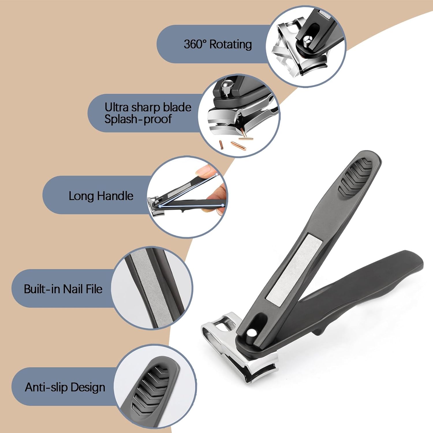 360° Rotating Head Nail Clippers for Seniors Long Handled Toenail Clippers for Men Thick Nails Heavy Duty Large Sharp Finger Nail Cutter, Stainless Steel, Black - Image 4