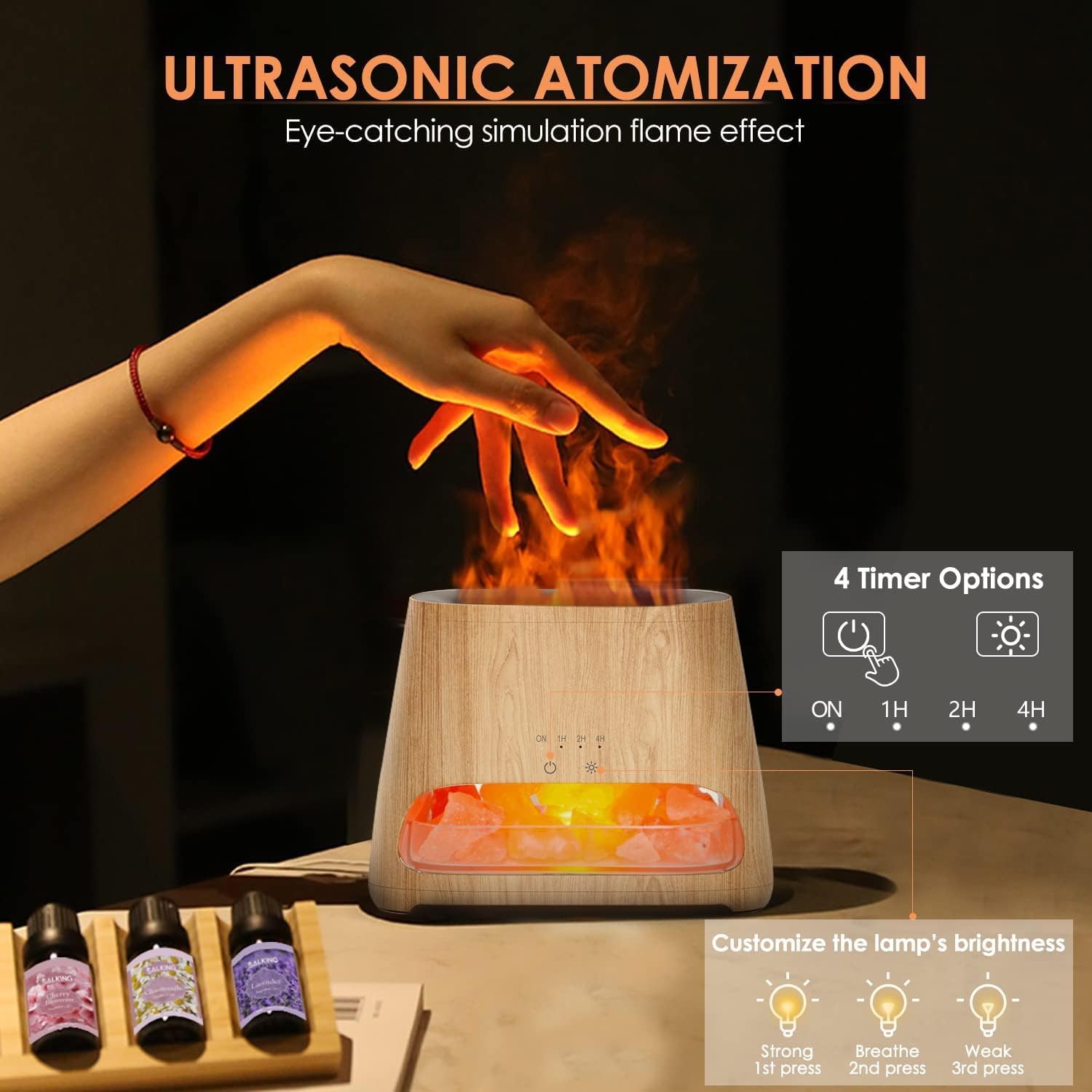 SALKING 2-in-1 Ultrasonic Essential Oil Diffuser & Himalayan Salt Lamp, Aromatherapy Diffuser Cool Mist Humidifier with Auto Off Function, 100% Pure Himalayan Pink Salt Rock, 150ml (Wooden Grain) - Image 4