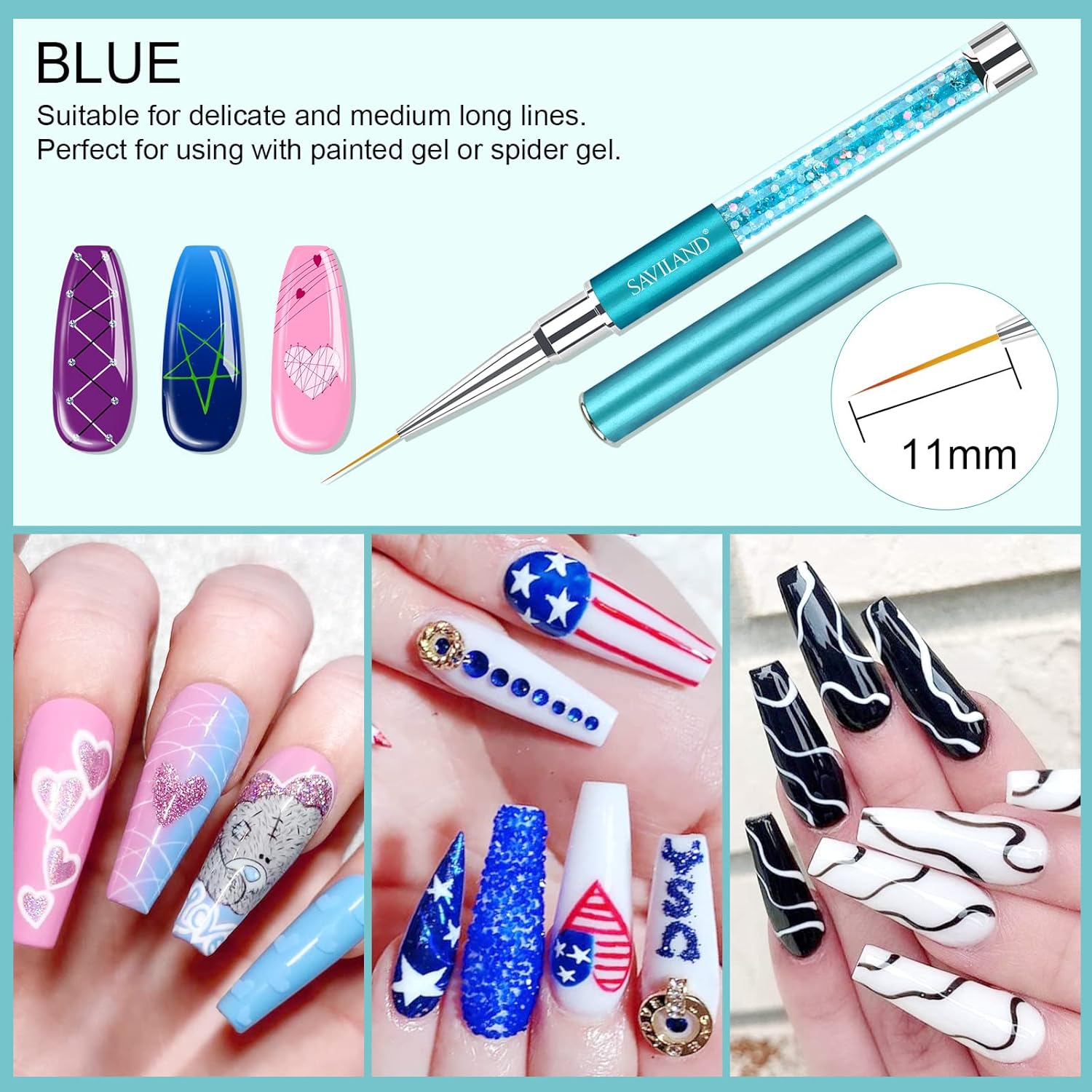 Saviland 6pcs Nail Art Liner Brushes Set: Nail Gel Polish Painting Nail Art Design Brush Pen Set with Crushed Diamond Rhinestones Handle for Pulling Lines, Sizes 7/9/11/13/17/23 mm, Christmas Gifts - Image 4