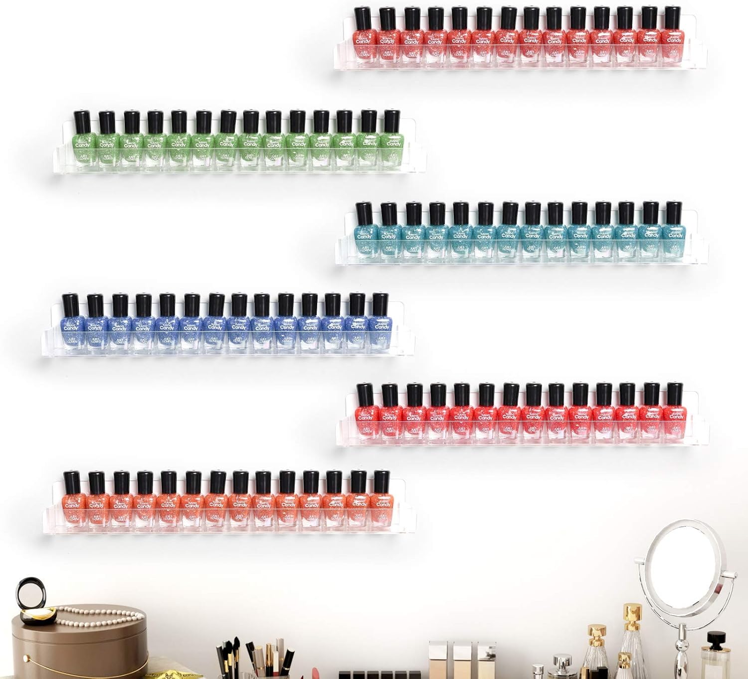 Acrylic Shelves Nail Polish Wall Mounted Holder Paint Organizer Storage Rack Clear 6 Pack Hanging Nail Polish Shelf Floating Wall Mount Hold up to 96 Bottles. - Image 7