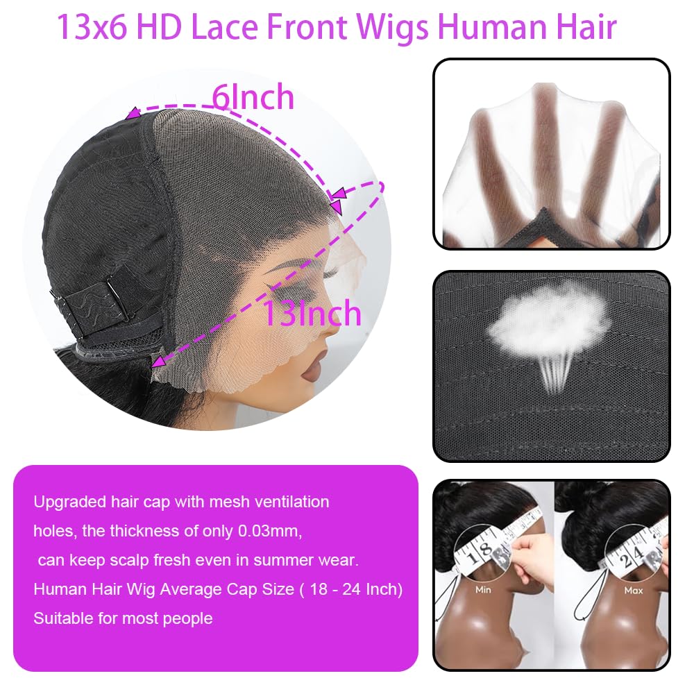 30 Inch 13x6 Body Wave Lace Front Wigs Human Hair 200 Density HD Transparent Lace Frontal Wigs Pre Plucked Glueless Wigs Human Hair Wig For Black Women (Black, 30 Inch, body) - Image 2