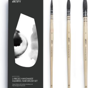 ARTIFY 3PCS Professional Natural Squirrel Hair Quill Round Fine Tip Detail Watercolor Brush Set | Ideal for Watercolor and Gouache Painting | Sizes #0, #2, #4