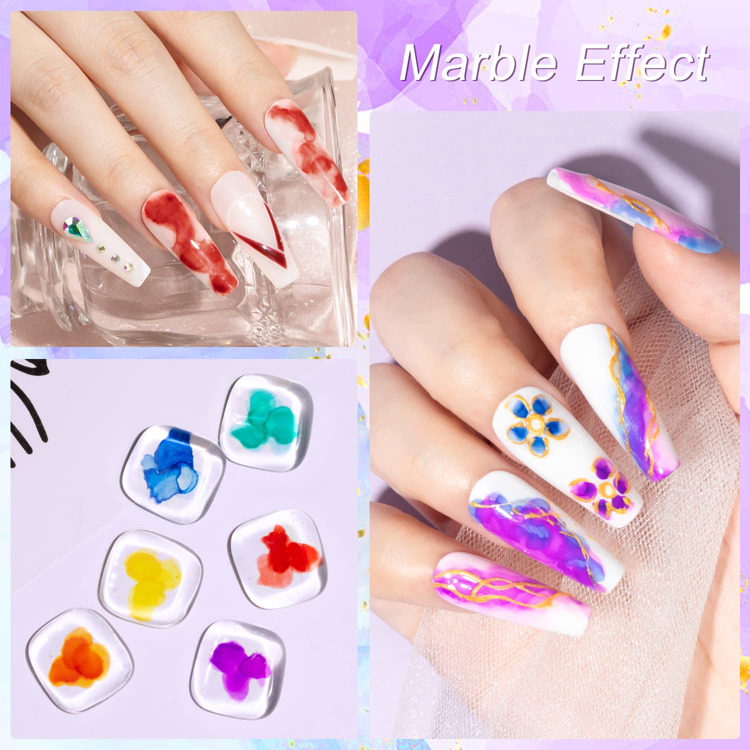 MIZHSE 12PCS Marble Nail Polish, Blooming Gel Marble Ink for Nails Gold Blue Purple Nail Ink Watercolor Magic Blossom Gel Nail Polish for Nail Salon Home DIY - Image 3