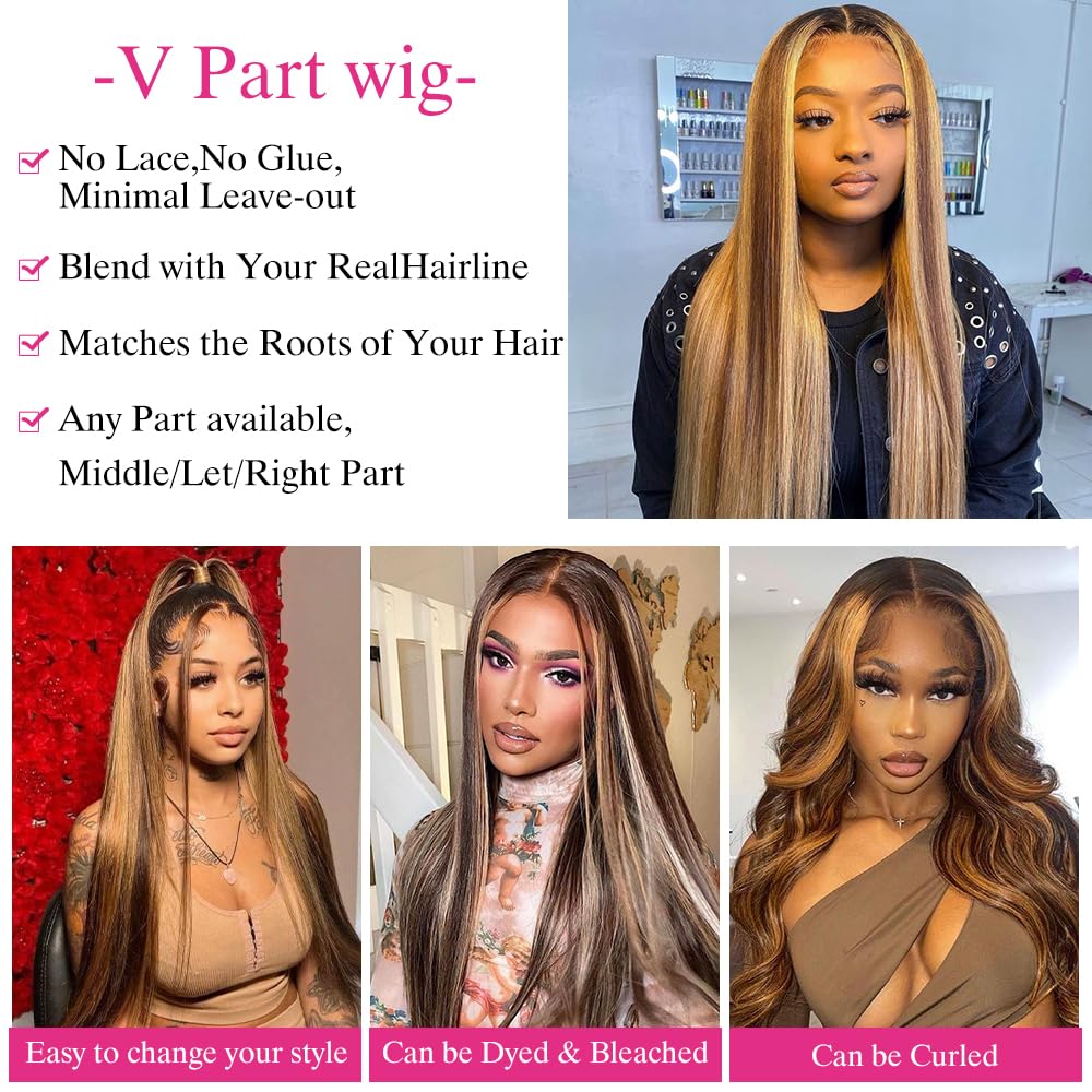 22 Inch #T1BP4/27 Highlight Ombre V Part Human Hair Wig Straight Balayage Blonde 180% Density - Image 2